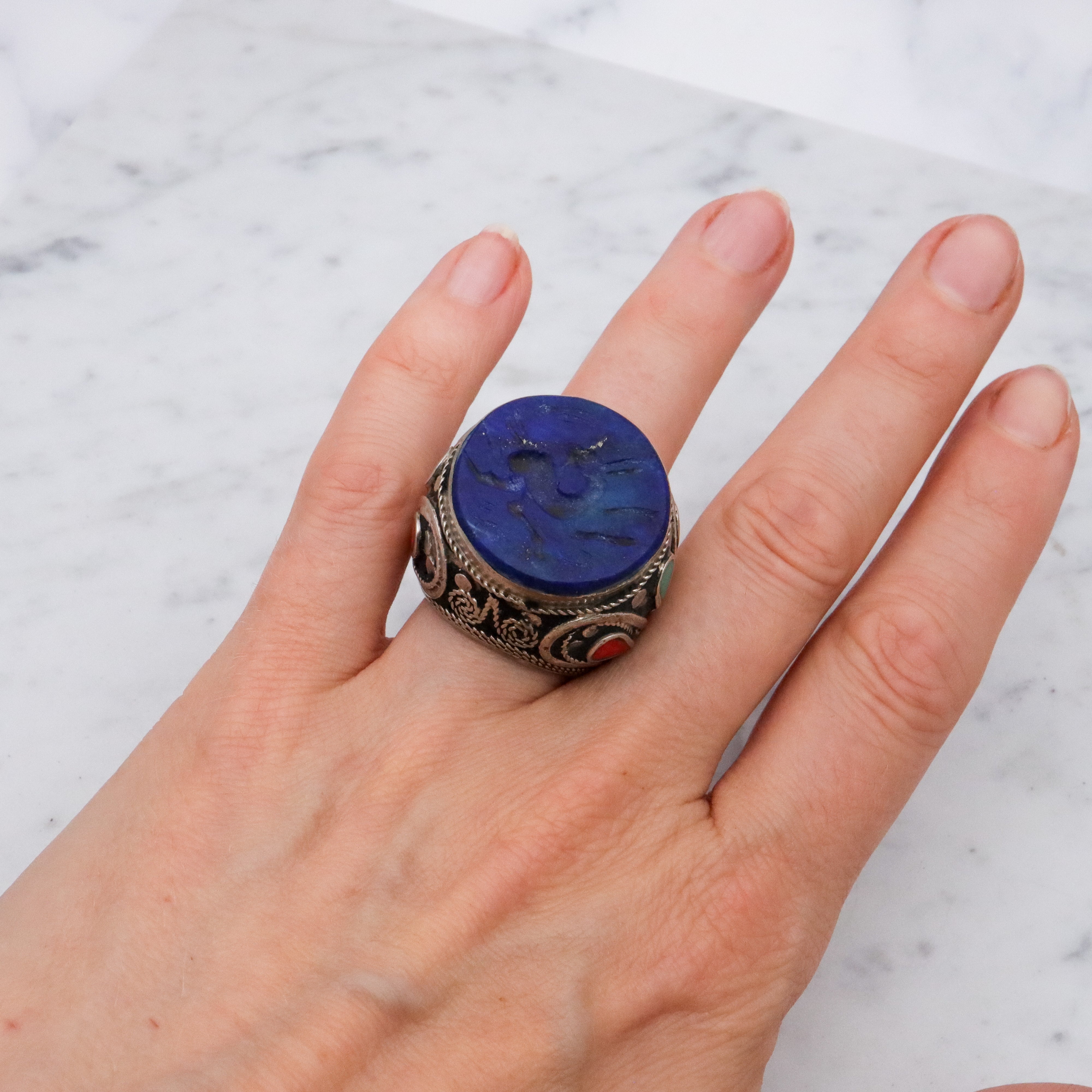 Vintage Afghan tribal silver lapis intaglio ring, size 5.5